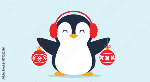 Happy penguin wearing red earmuffs and holding two festive Christmas baubles with snowflake and heart patterns.