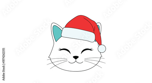 Smiling white cat head wearing a red and white Santa hat with blue inner ears on a plain white background.
