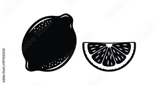 Minimalist black silhouette of a whole lemon and a single wedge slice illustrating fresh citrus fruit concept.