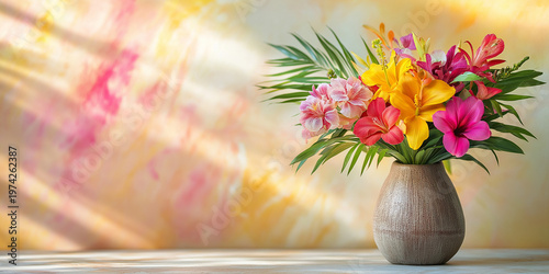 Bright tropical bouquet with colorful flowers in a ceramic vase on a table with warm light and soft abstract background