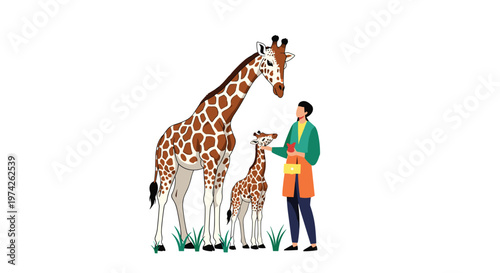 Human figure feeding a large giraffe and its young calf in an outdoor setting with green grass and trees.