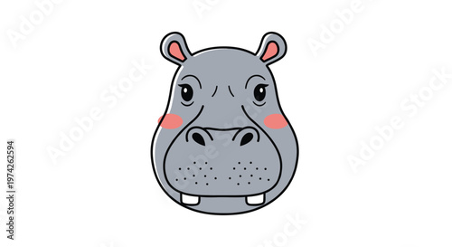 Friendly hippo head with rosy cheeks and a happy smile centered on a clean white background for design.
