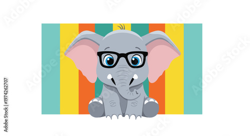 Cute grey cartoon elephant sitting with big blue eyes and wearing black rimmed glasses against a colorful striped background.