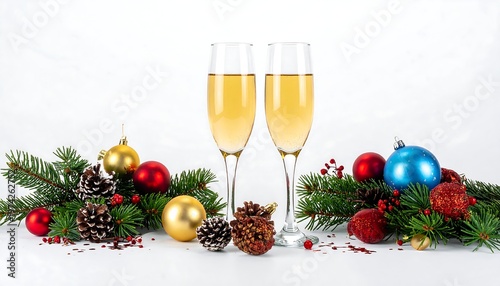 Festive holiday image of two champagne flutes, surrounded by evergreen boughs, ornaments, and pinecones