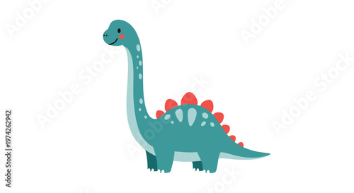 Friendly green brontosaurus dinosaur with red spots along its back and a long neck standing on a plain white background.