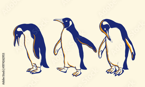 King Penguin Collection - Hand Drawn Vintage Sketch Blue Gold Color Vector Set