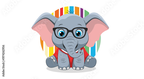 Cute grey cartoon elephant wearing glasses and a red cape sitting inside a colorful striped circle on a white background.