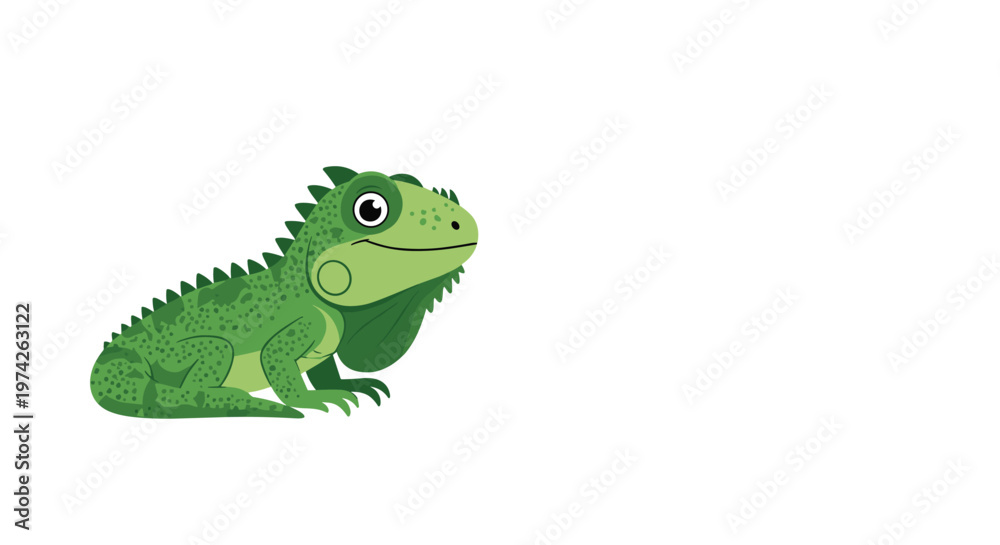 Fototapeta premium Friendly green iguana with a spiky back and detailed scales sitting and looking forward on a plain white background.