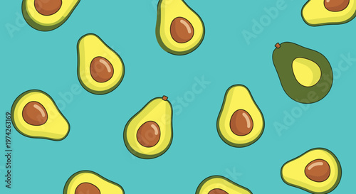 Seamless pattern of halved avocados with brown pits scattered across a vibrant turquoise blue background for food themes.