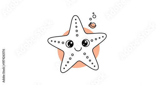 Adorable outline of a smiling starfish with large eyes and pink cheeks centered in a peach circle on a white background.