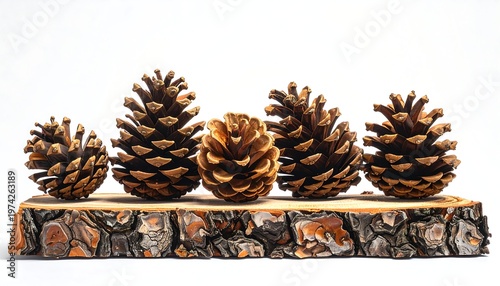 Five pinecones arranged on a rustic wooden slab against a bright white backdrop. Rich brown tones dominate