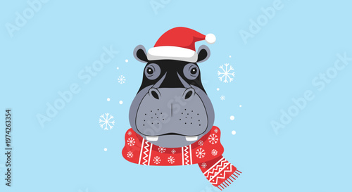 Frontal view of a grey hippo wearing a red santa hat and a matching red and white snowflake scarf on a blue background.