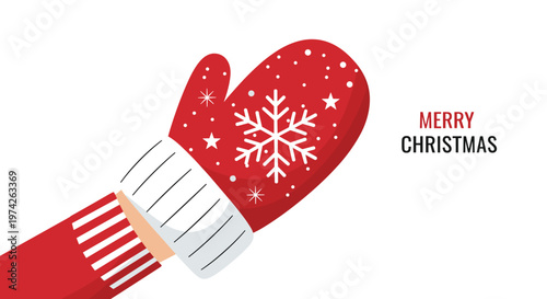 Red christmas mitten decorated with a large white snowflake and stars on a hand against a plain white background.