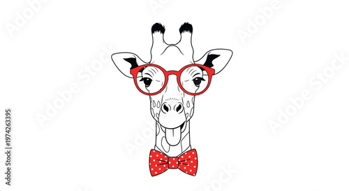 Line drawing of a giraffe head wearing bright red round glasses and a polka dot bowtie on a white background.