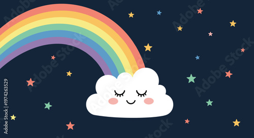 Smiling white cloud with closed eyes and pink cheeks at the end of a vibrant rainbow in a dark starry night sky.