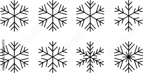 Clean line art winter snowflake collection featuring eight identical geometric ice crystal designs with symmetrical branching structure
