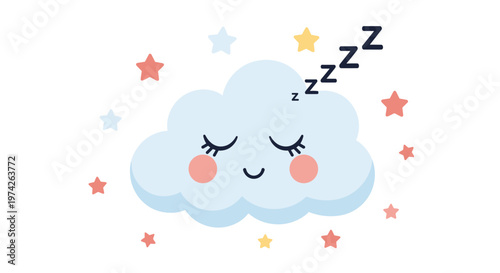Sleeping cloud character with rosy cheeks surrounded by colorful stars on a white background for nursery decoration and kids room wall art.