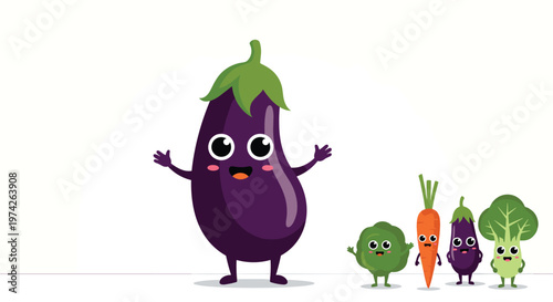 Smiling eggplant character leading a group of smaller vegetables including broccoli, carrot, and bok choy for healthy eating education.
