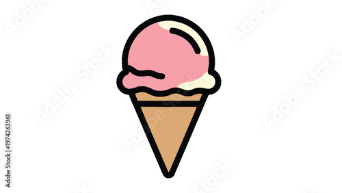Delicious strawberry ice cream cone illustration on white background.