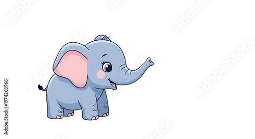 Adorable baby elephant character with large pink ears and a raised trunk walking happily on a clean white background for kids room design.