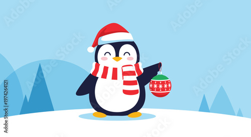 Happy penguin character wearing a red Santa hat and striped scarf holding a decorated Christmas ornament in a beautiful snowy landscape.