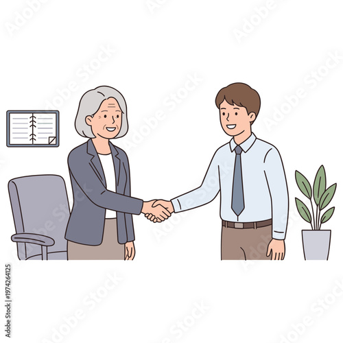 A smiling businessman and a businesswoman shake hands in an office.