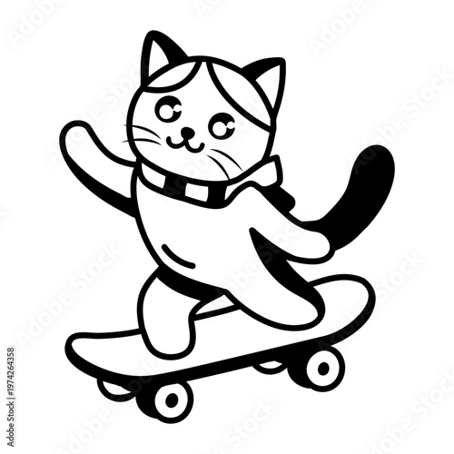 A glyph style icon representing a cat riding skateboarding  

