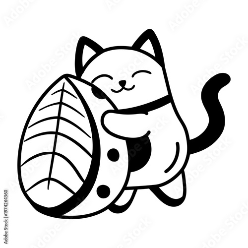 A glyph style icon depicting a cat holding salmon snack  
