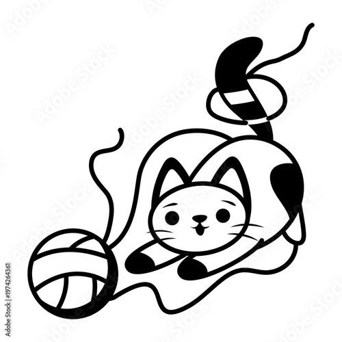 A glyph style icon depicting a cat playing with yarn ball 
