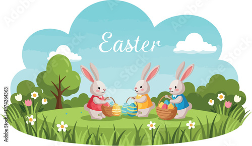 Three cute cartoon Easter bunnies holding baskets with colorful eggs in a green field