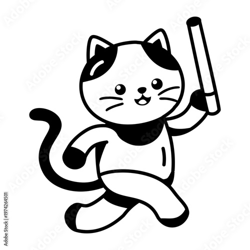 A glyph style icon representing cat running with a stick 
