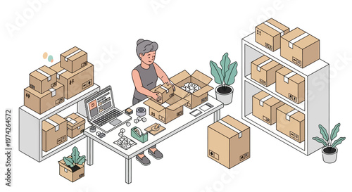 Small Business Owner Packing Orders – Ecommerce Vector Illustration