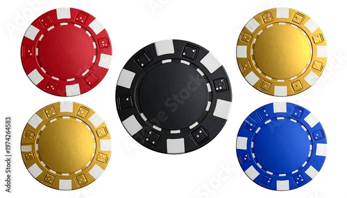 Five poker chips displayed against a white background; red, black, gold, yellow, and blue colors are visible. Different shapes can be identified