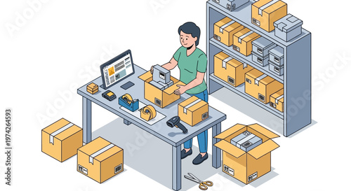 Small Business Owner Packing Orders – Ecommerce Vector Illustration
