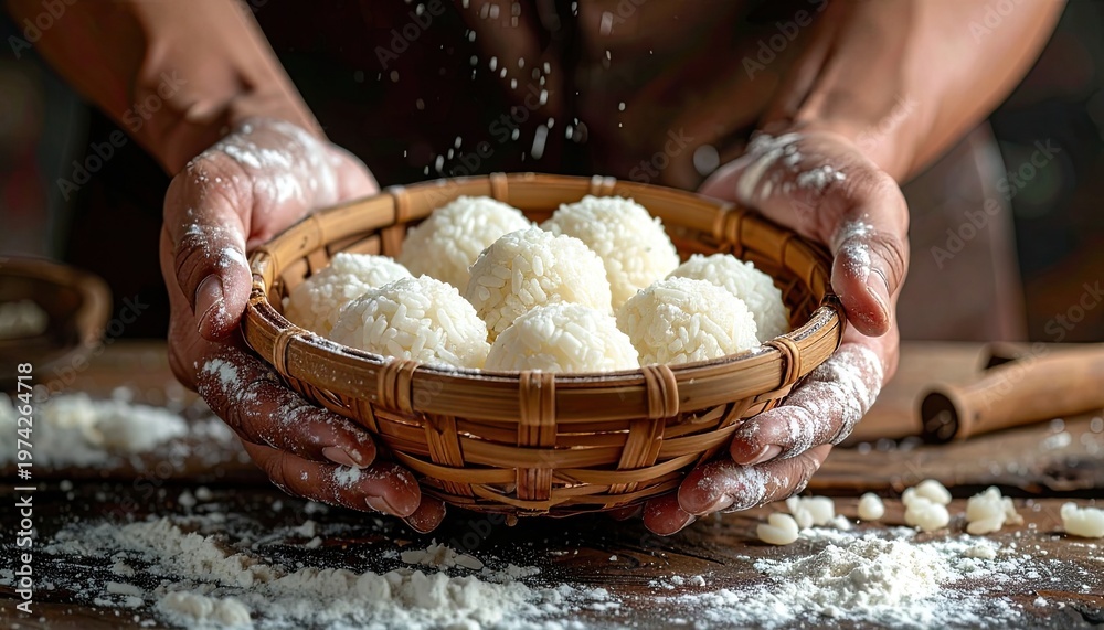 Fototapeta premium A pair of hands gently holds a woven basket filled with fluffy, powdered rice balls.