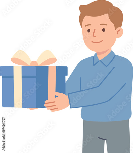 Man giving a wrapped gift box with a ribbon to someone