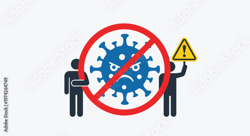 Graphic illustration of a blue virus symbol behind a red prohibition sign with two people holding warning signs to stop the spread.