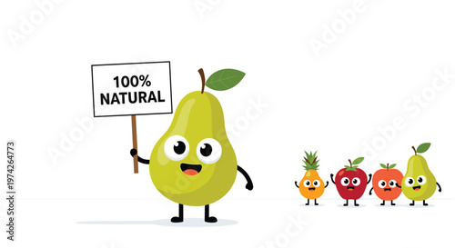 Smiling green pear character holding a sign that says one hundred percent natural with other happy fruits in the background for food art.