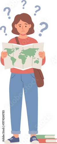 A woman stands confused looking at a world map with question marks.