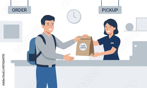 Man picks up food from woman behind counter in restaurant