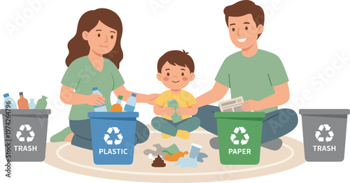 Family sorting recyclables with child on a mat indoors