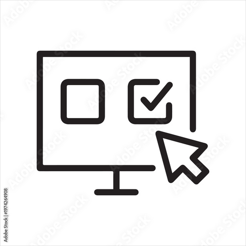 Monitor with checkbox and cursor, linear icon. Symbol of online voting, survey or digital choice. Line with editable stroke.