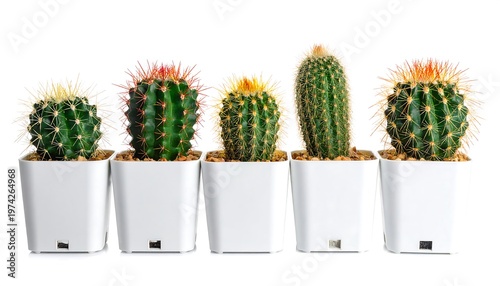 Five potted cacti, diverse in shape, size, and vibrant spine colors. Placed neatly in white square containers. Isolated on white background
