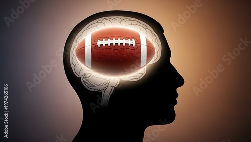 Football inside human brain silhouette graphic illustration concept