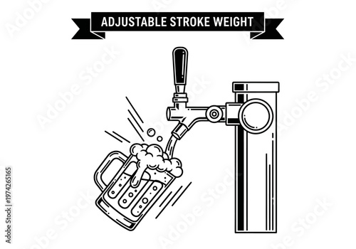 Beer Tap Pouring Draught Beer into Mug Vector Illustration, Minimalist Line Art Icon for Brewery, Pub, and Bar Branding