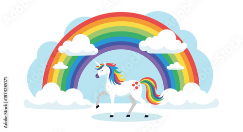 Majestic white unicorn with a rainbow mane and tail standing in front of a vibrant multicolored rainbow and fluffy clouds in a magical sky.