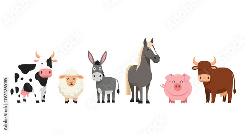 Set of diverse farm animals including a cow sheep donkey horse pig and bull standing in a row on a white background for educational children books.