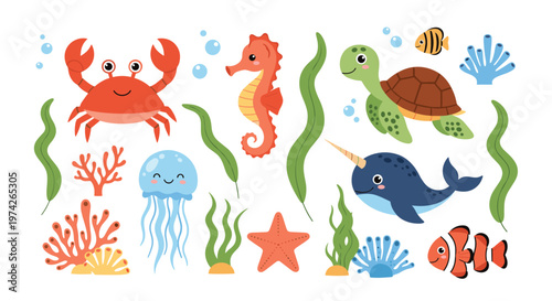 Comprehensive collection of sea creatures including crabs seahorses turtles jellyfish and fish with coral and seaweed for a marine life theme.