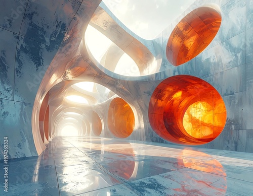 Futuristic hallway with large openings and floating, fiery orbs, bathed in light from the end. Metallic surfaces, cool tones
