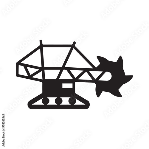 Coal mining machine icon. Industrial resource extraction and mining equipment concept. Monochrome black and white symbol